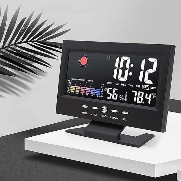 Ceas digital cu termometru si higrometru, control vocal, statie meteo, alarma, snooze, senzor de sunet, ecran LCD