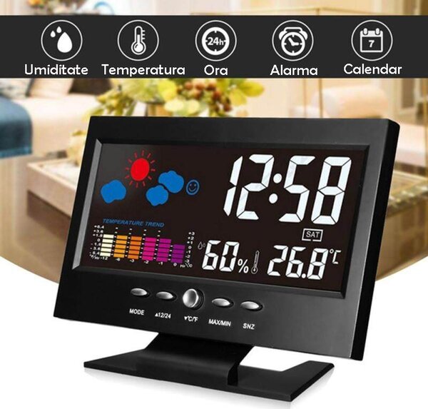 Ceas digital cu termometru si higrometru, control vocal, statie meteo, alarma, snooze, senzor de sunet, ecran LCD