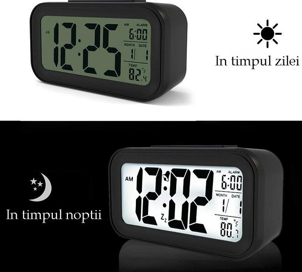 Ceas digital de birou, afisaj LCD, temperatura interior, alarma, data, iluminare de fundal