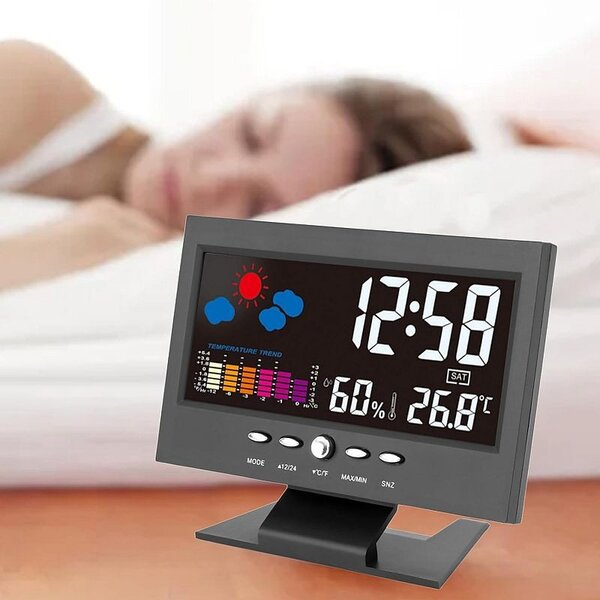 Ceas digital cu termometru si higrometru, control vocal, statie meteo, alarma, snooze, senzor de sunet, ecran LCD