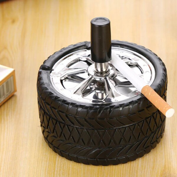 Scrumiera metalica Pufo Angry Wheel, antivant cu buton, 10 cm, negru/ argintiu