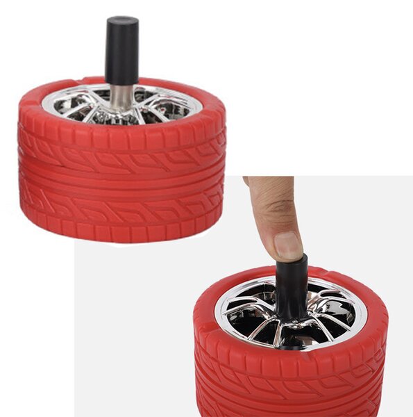 Scrumiera metalica Pufo Angry Wheel, antivant cu buton, 10 cm, rosu/ argintiu