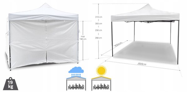 Pavilion Gradina, Pliabil, 3 x 3 m, 3 Pereti, Alb