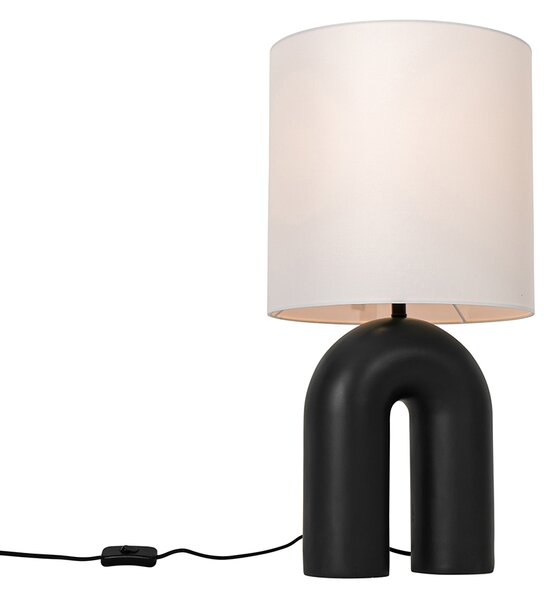 Lampa de masa de design neagra cu abajur din in alb - Lotti