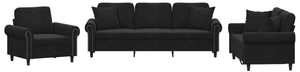 Set de canapele cu perne, 3 piese, negru, catifea