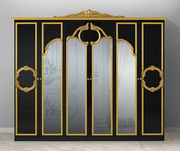Dormitor Barocco Bianco, negru & auriu, pat 160x200 cm, dulap cu 6 usi, comoda, 2 noptiere, somiera cadou