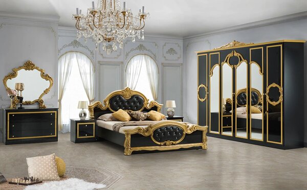 Dormitor Barocco Bianco, negru & auriu, pat 160x200 cm, dulap cu 6 usi, comoda, 2 noptiere, somiera cadou