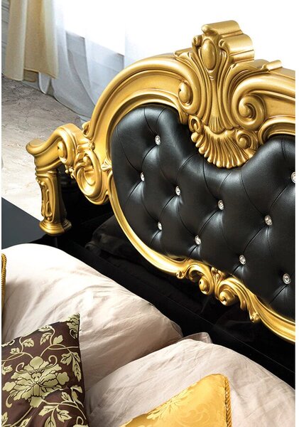 Dormitor Barocco Bianco, negru & auriu, pat 160x200 cm, dulap cu 6 usi, comoda, 2 noptiere, somiera cadou