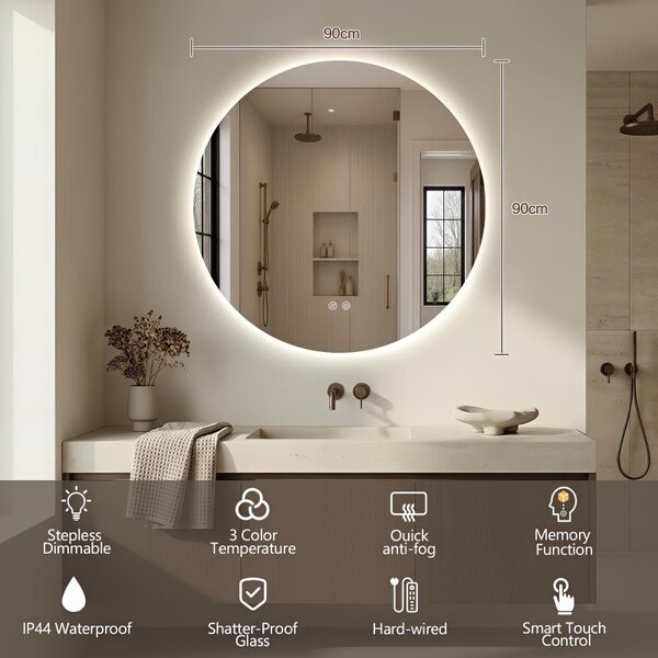 Oglindă, Fluminia, Calatrava Ambient 90, rotundă, cu iluminare LED și dezaburire, diametru = 90 cm