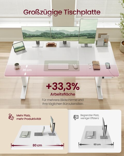 Birou reglabil pe inaltime, Balok, Vasagle, Alb, 160x80x120 cm