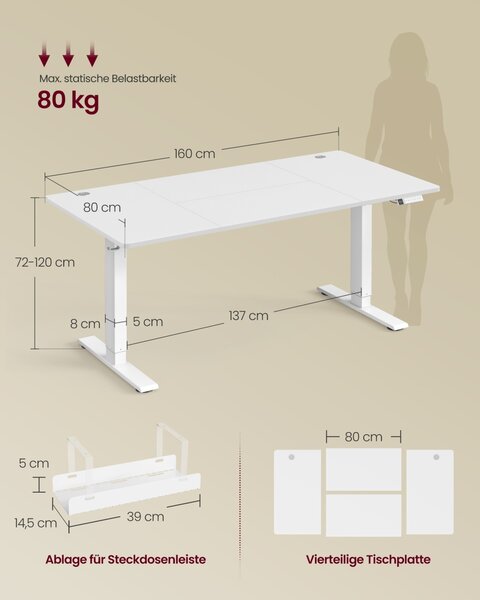 Birou reglabil pe inaltime, Balok, Vasagle, Alb, 160x80x120 cm