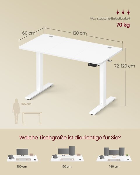 Birou reglabil pe inaltime, Balok, Vasagle, Alb, 120x60x120 cm