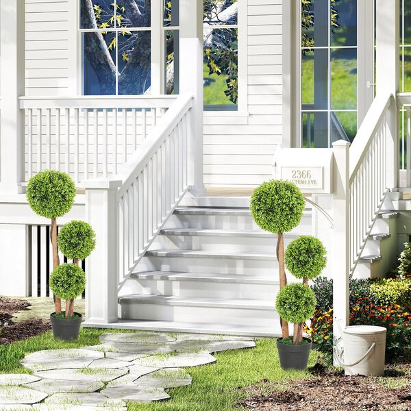 HOMCOM Set 2 Plante de Buxus Artificiale cu 3 Sfere, cu Ghiveci și Bază Întărită, Înălțime 90 cm, pentru Interior și Exterior | Aosom Romania
