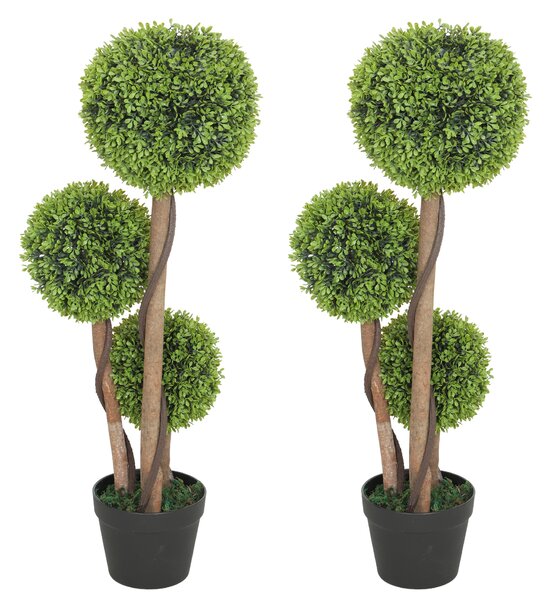 HOMCOM Set 2 Plante de Buxus Artificiale cu 3 Sfere, cu Ghiveci și Bază Întărită, Înălțime 90 cm, pentru Interior și Exterior | Aosom Romania