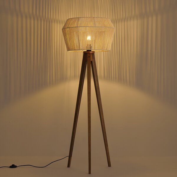 Lampă de podea din lemn vintage cu abajur din sfoară de hârtie maro 50/50/30 - Trepied Clasic