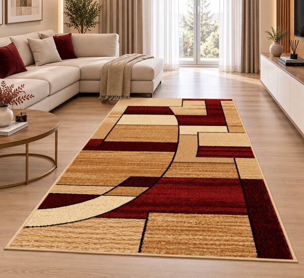 Covor Modern Lotos 538 825 Roșu-Grena-Bej, Model Geometric Dreptunghi, 80x200