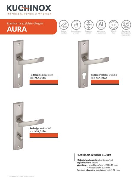 Mâner de ușă Kuchinox Aura pe feronerie lungă pentru încuietoare de toaletă, satin, LAV-KSA_313A