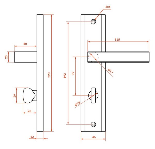 Mâner de ușă Kuchinox Aura pe feronerie lungă pentru încuietoare de toaletă, satin, LAV-KSA_313A