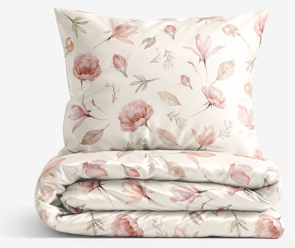 Goldea lenjerie de pat de lux din bumbac satinat - magnolii înflorite 140 x 200 și 50 x 70 cm