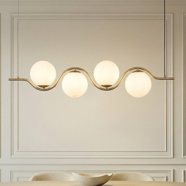 Lucande lampă suspendată Isandro, 95 cm, aur, alb, 7 becuri, G9, reglabil, Auriu / Alamă, Camera de zi / sufragerie, Sticlă, Design
