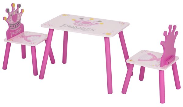 HOMCOM Set Masă și 2 Scaune cu Tematică de Prințese cu Spătare în Formă de Coroană, 55x34x42 cm, Roz | Aosom Romania