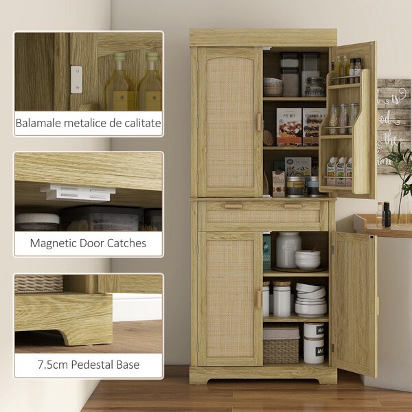 HOMCOM Dulap Bucătărie 76×40×183 cm cu 2 Uși și Sertar, Rafturi Condimente, Stejar | Aosom Romania