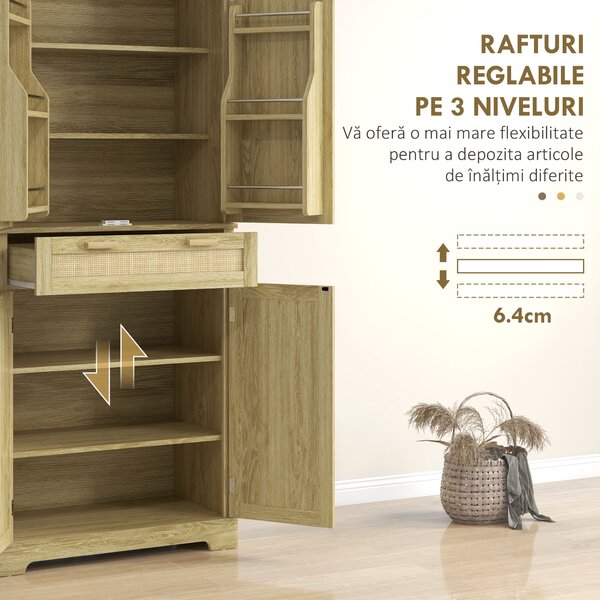 HOMCOM Dulap Bucătărie 76×40×183 cm cu 2 Uși și Sertar, Rafturi Condimente, Stejar | Aosom Romania