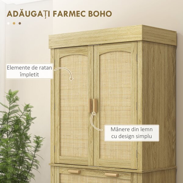 HOMCOM Dulap Bucătărie 76×40×183 cm cu 2 Uși și Sertar, Rafturi Condimente, Stejar | Aosom Romania