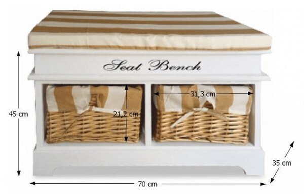 KONDELA Bancă cu pernă, 2 coşuri de răchită, alb/miere/imprimeu, SEAT BENCH 4