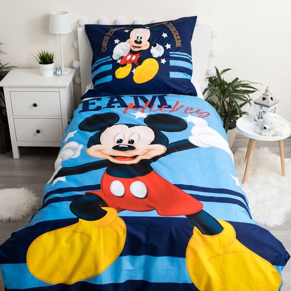Lenjerie de pat cu desene Mickey Team - Albastră | 140 x 200 cm / 70 x 90 cm