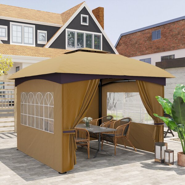 Outsunny Pavilion de Grădină cu Copertină, Perdele, Ferestre și Acoperiș Ventilat, 335x335x285 cm, Bej | Aosom Romania