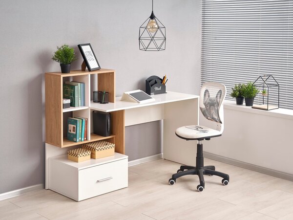 Birou Houston 826Cu sertare, 8x15x5cm, Alb, Stejar auriu