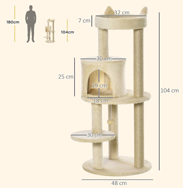 PawHut Ansamblu de Joacă pentru pisici adulte cu căsuță spațioasă și platformă, 104 cm, Crem | Aosom Romania