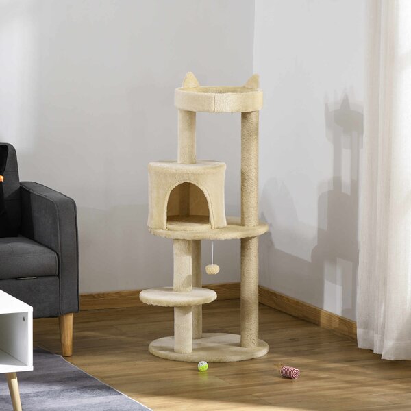 PawHut Ansamblu de Joacă pentru pisici adulte cu căsuță spațioasă și platformă, 104 cm, Crem | Aosom Romania