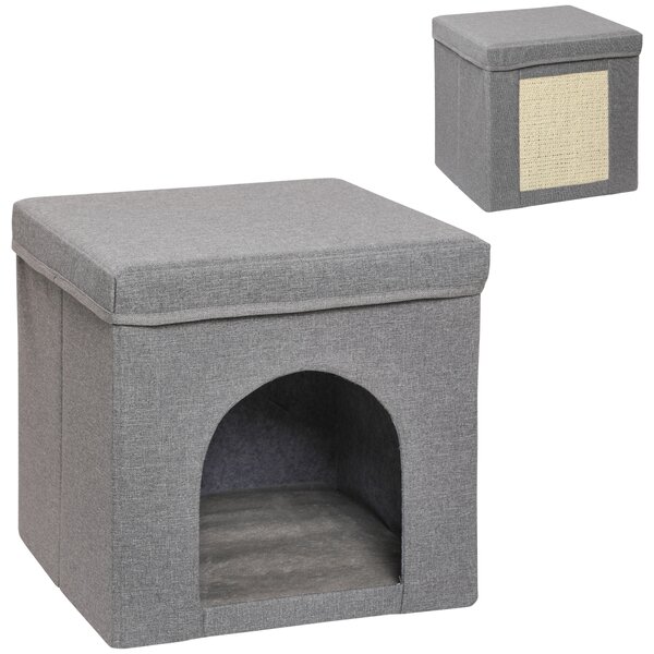PawHut Căsuță Pliabilă pentru Pisici în Formă de Cub cu Pernă și Tăviță de Zgâriat, 36.5x36.5x36.5 cm, Gri | Aosom Romania