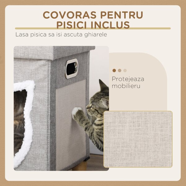 PawHut Căsuță pentru Pisici cu Covor de Zgâriat, Pernă și Bilă, 35.5x35.5x42.5 cm, Crem și Gri | Aosom Romania