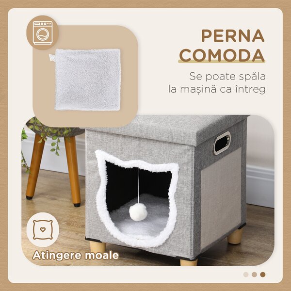 PawHut Căsuță pentru Pisici cu Covor de Zgâriat, Pernă și Bilă, 35.5x35.5x42.5 cm, Crem și Gri | Aosom Romania
