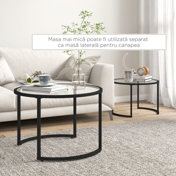 HOMCOM Set de 2 Mese de Cafea Suprapozabile din Sticlă și Oțel, Ø70x47.5 cm și Ø54x42.5 cm, Negru | Aosom Romania