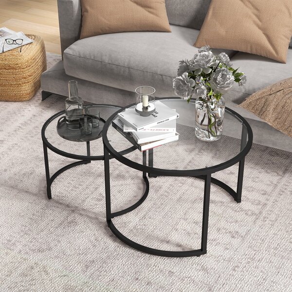 HOMCOM Set de 2 Mese de Cafea Suprapozabile din Sticlă și Oțel, Ø70x47.5 cm și Ø54x42.5 cm, Negru | Aosom Romania