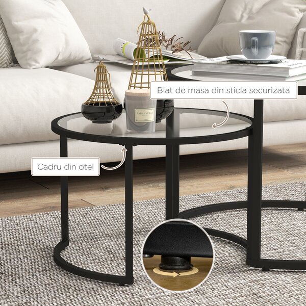 HOMCOM Set de 2 Mese de Cafea Suprapozabile din Sticlă și Oțel, Ø70x47.5 cm și Ø54x42.5 cm, Negru | Aosom Romania
