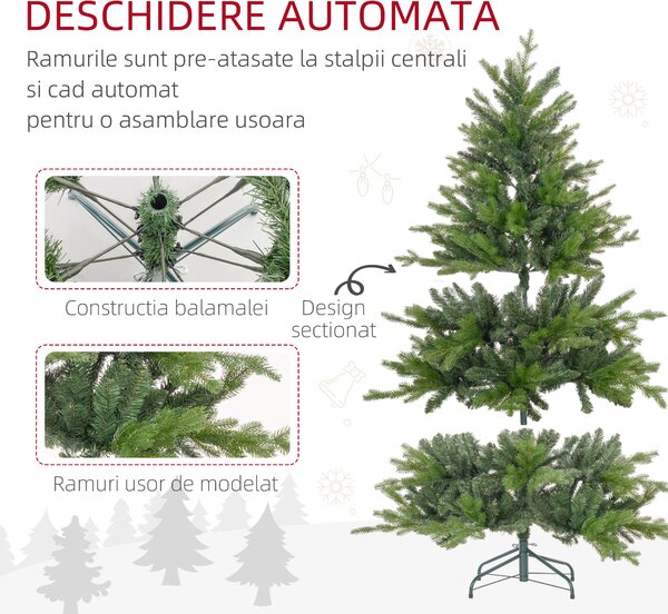 HOMCOM Brad de Crăciun Artificial cu 1309 Crengi, Pliabil cu Bază Metalică, Ø105x150 cm, Verde | Aosom Romania
