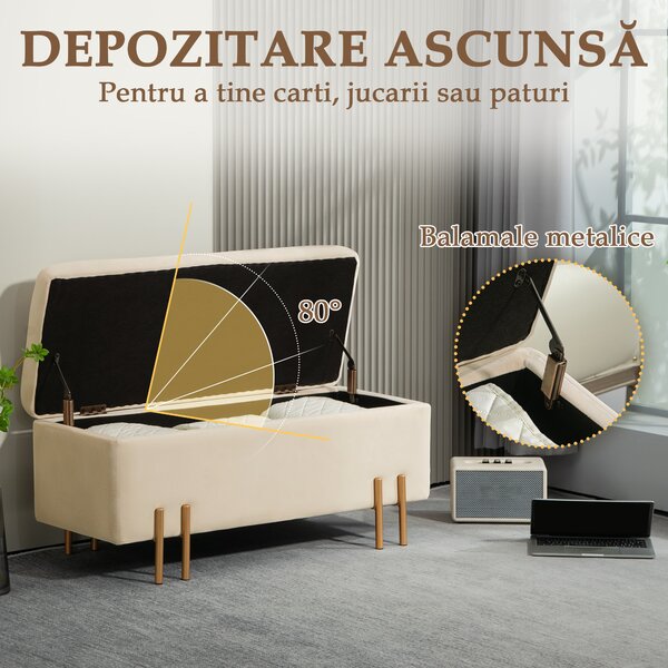 HOMCOM Bancă de Depozitare cu Șezut Tapițat și Picioare Lăcuite Aurii, 100x40x42 cm, Gri | Aosom Romania