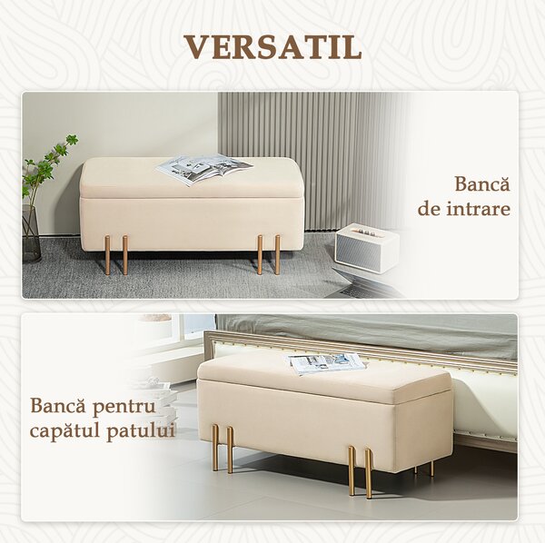 HOMCOM Bancă de Depozitare cu Șezut Tapițat și Picioare Lăcuite Aurii, 100x40x42 cm, Gri | Aosom Romania