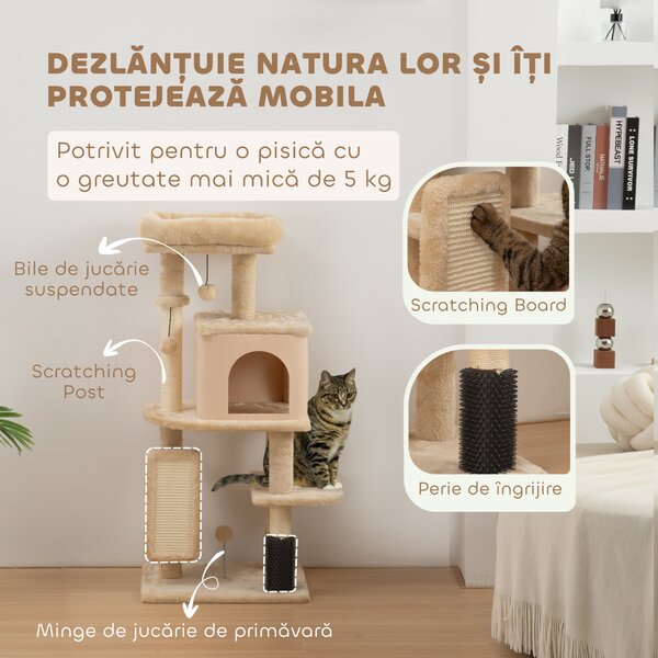 PawHut Arborele pentru pisici înălțime 104cm cu căsuță, pat, stâlp de zgâriat și perie Bej | Aosom Romania