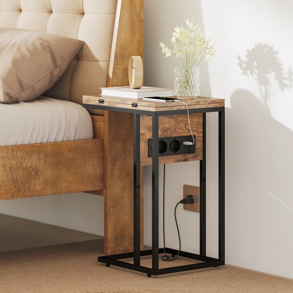 HOMCOM Măsuță de cafea în formă de C, extensibilă, cu 2 stații de încărcare, lemn și metal, 39x29x57 cm, negru și maro | Aosom Romania