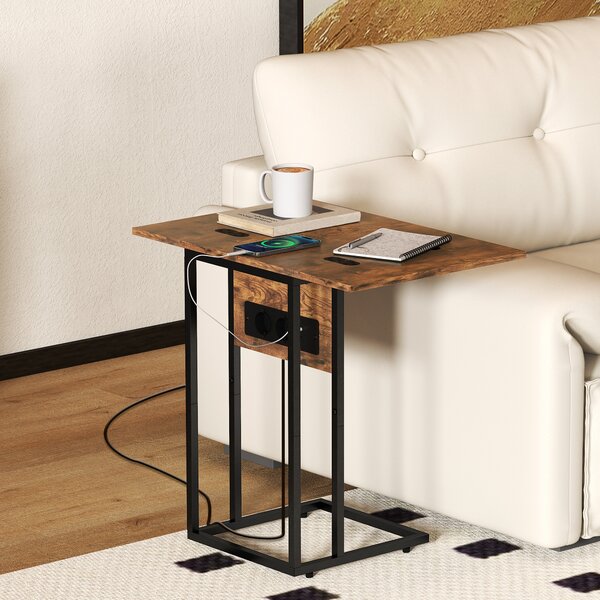 HOMCOM Măsuță de cafea în formă de C, extensibilă, cu 2 stații de încărcare, lemn și metal, 39x29x57 cm, negru și maro | Aosom Romania