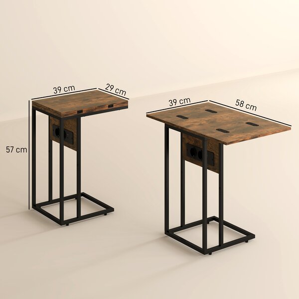 HOMCOM Măsuță de cafea în formă de C, extensibilă, cu 2 stații de încărcare, lemn și metal, 39x29x57 cm, negru și maro | Aosom Romania