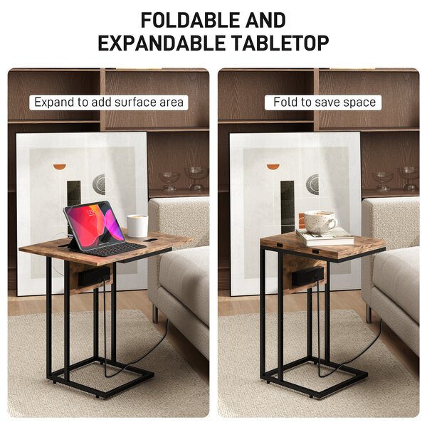 HOMCOM Măsuță de cafea în formă de C, extensibilă, cu 2 stații de încărcare, lemn și metal, 39x29x57 cm, negru și maro | Aosom Romania