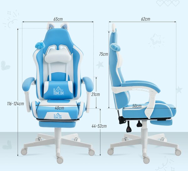 HOMCOM Scaun de gaming reclinabil cu suport pentru picioare și perne, 65x62x124 cm, alb și albastru | Aosom Romania
