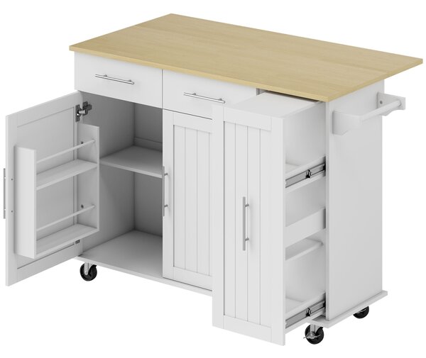 Insula de Bucătărie HOMCOM cu 5 Roți și Suport pentru Prosoape, 2 Sertare, 4 Rafturi și Dulap, din Lemn, 129x65x91 cm | Aosom Romania